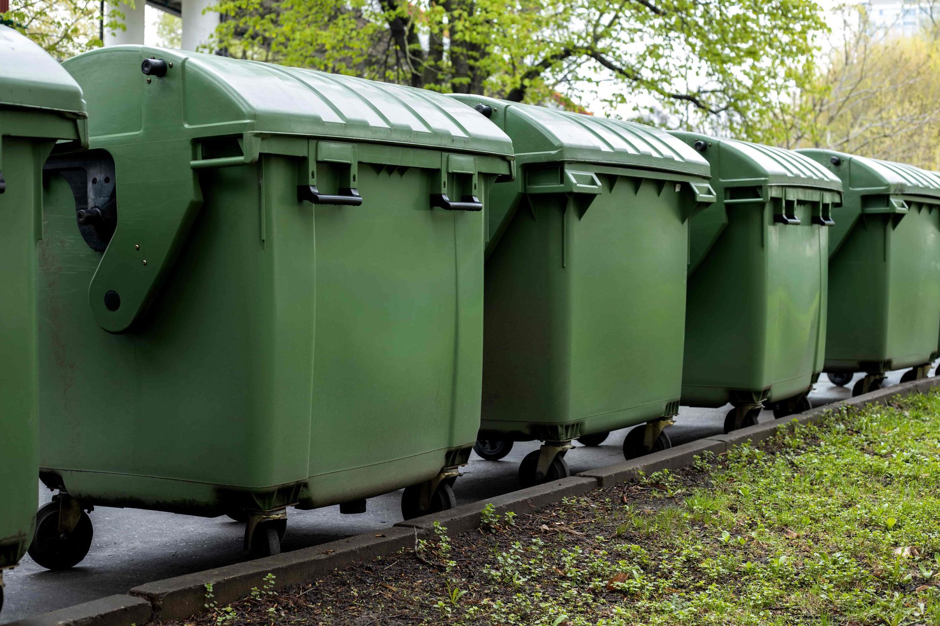 Row of green trash bins lined up along a sidewalk in a leafy outdoor area