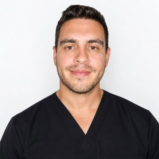 Portrait of a smiling person in a black V-neck shirt against a white background