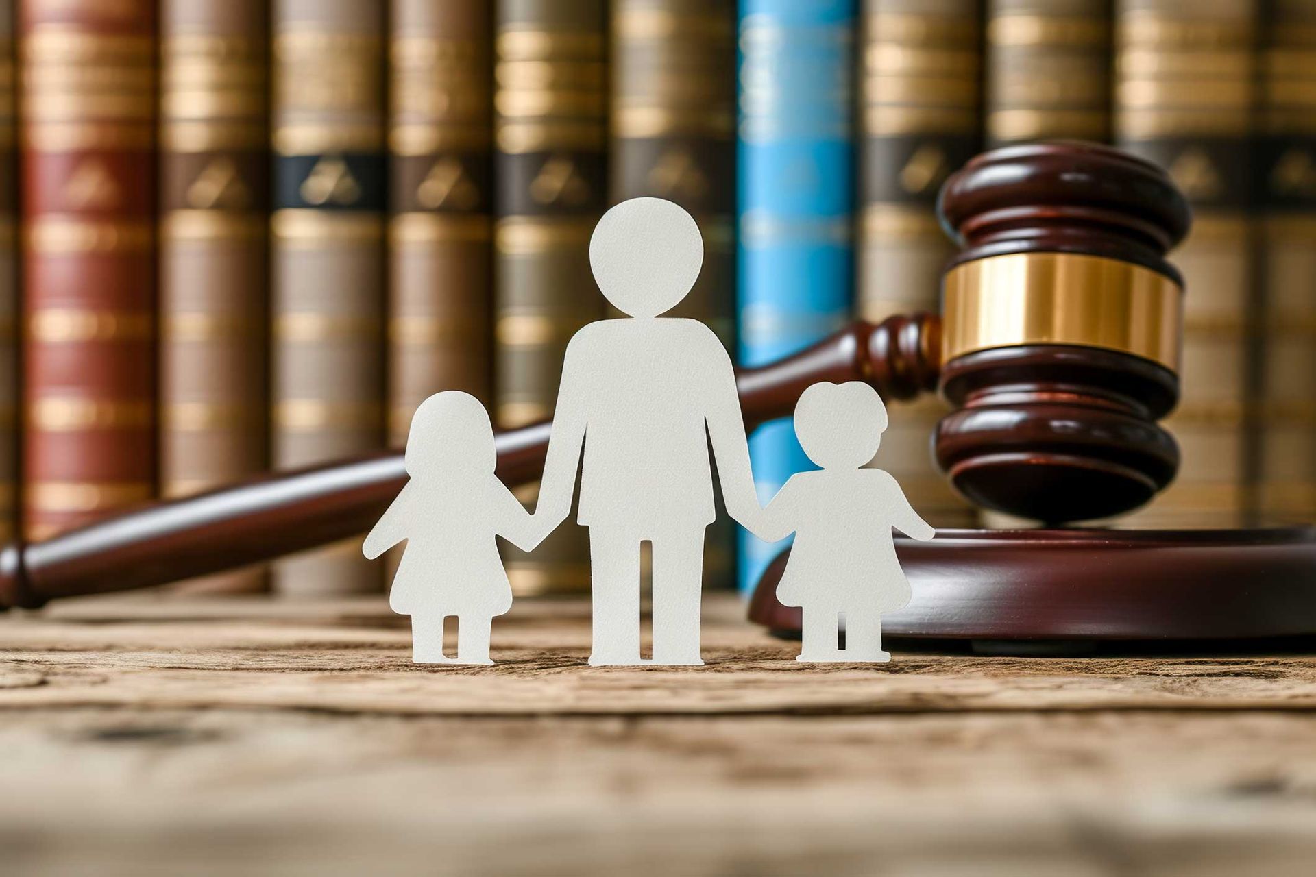 Paper cutouts of a parent and two children in front of a gavel and law books.