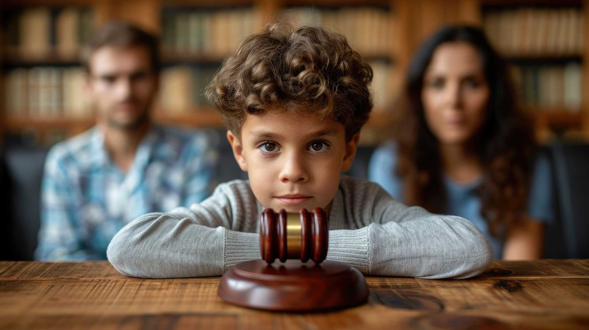 Child with gavel, parents blurred in background, in a courtroom setting.