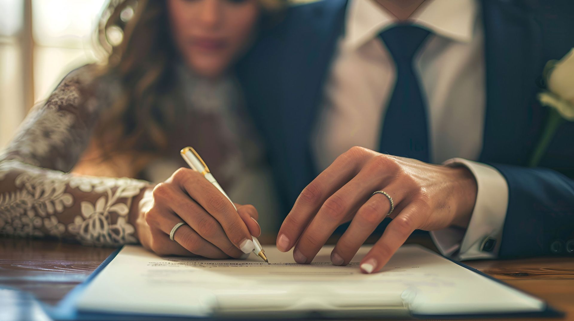 Bride and groom sign a marriage certificate, rings visible, in a softly lit indoor setting.