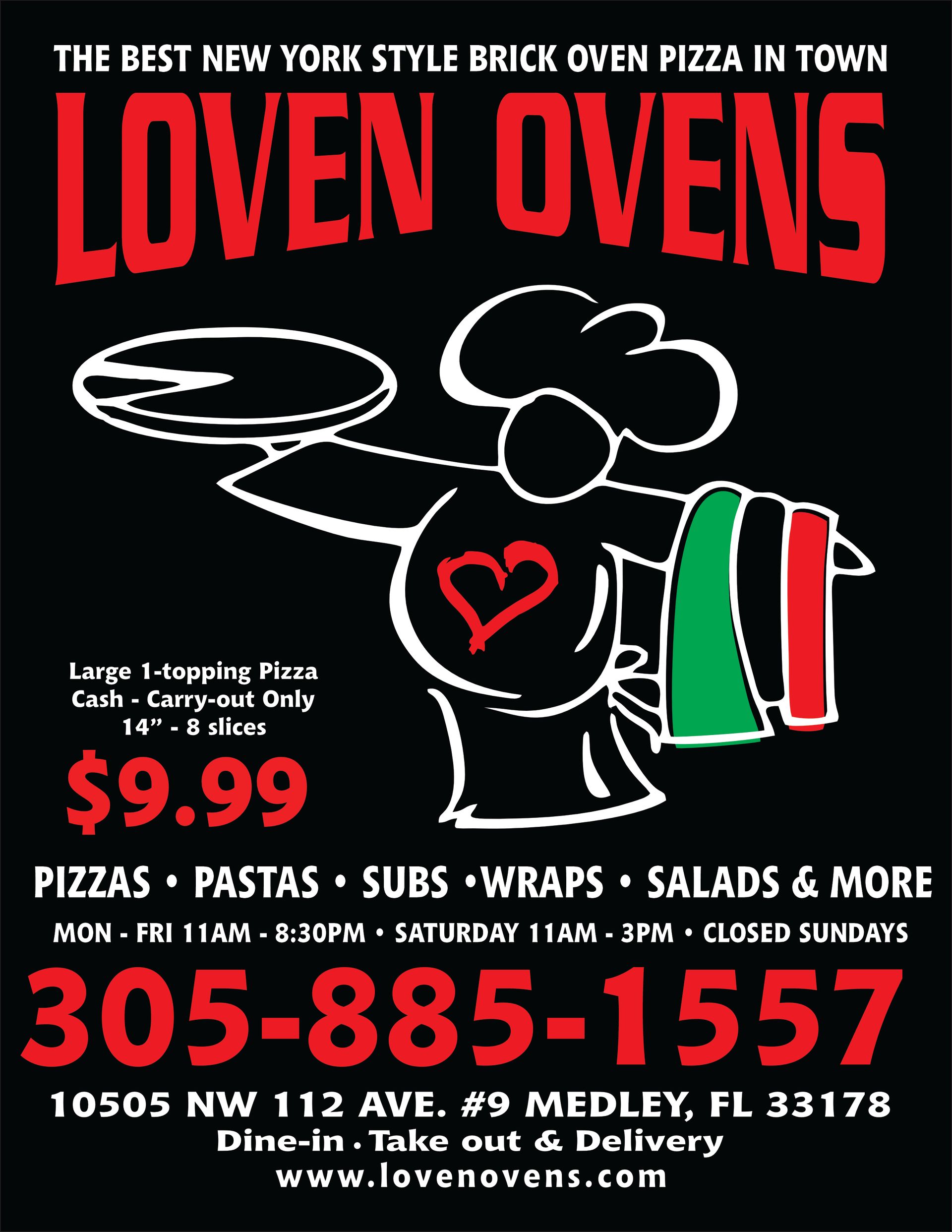 Advertisement for Loven Ovens pizza restaurant. Chef illustration holding a pizza. Price $9.99. Phone number and address provided.