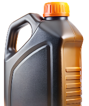 Black plastic motor oil jug with orange cap and side handle, shown on a white background | Beach Cities Auto Clinic