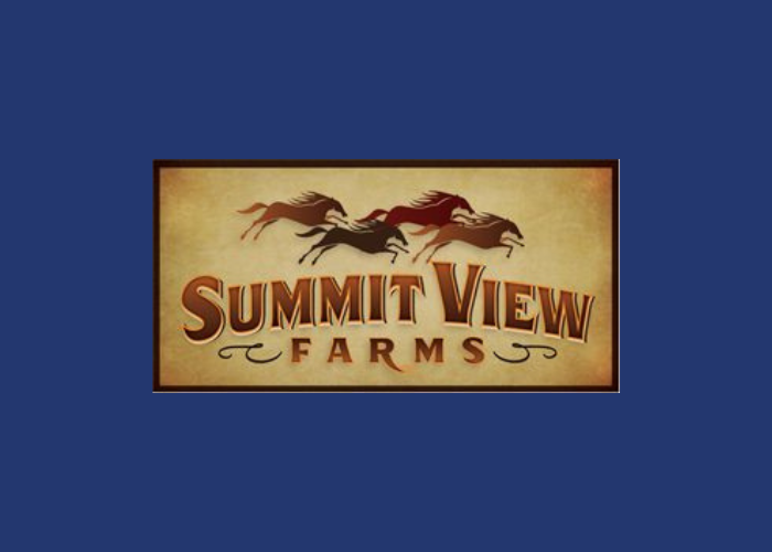 A logo for summit view farms with horses on it