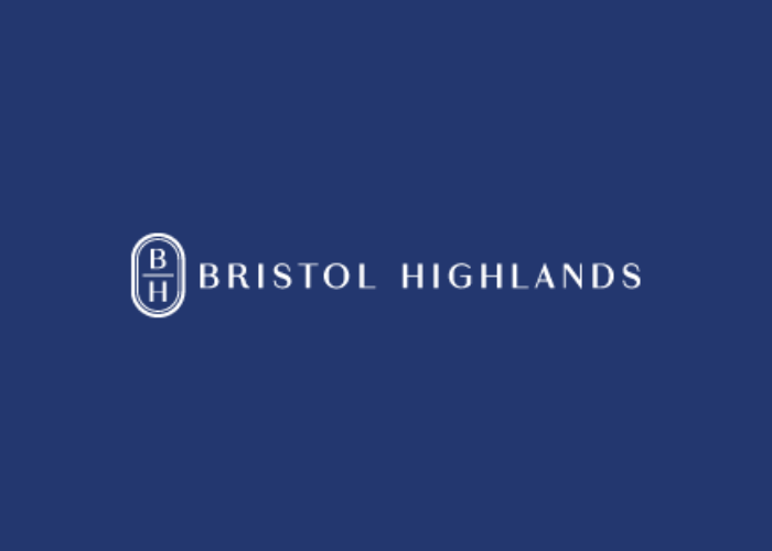 The bristol highlands logo is on a blue background