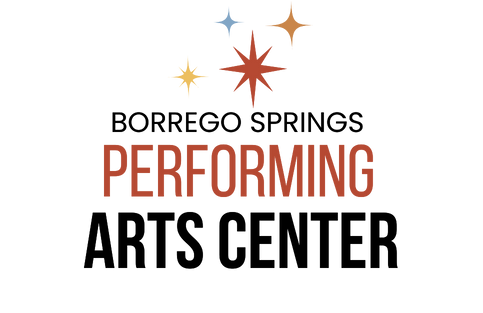 Borrego Springs Performing Arts Center logo with multicolored starburst above black and orange text
