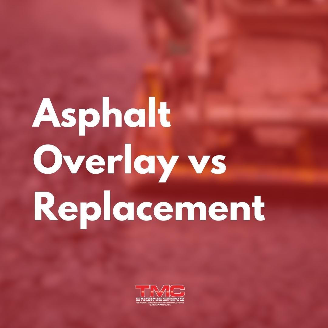 A red background with the words asphalt overlay vs replacement