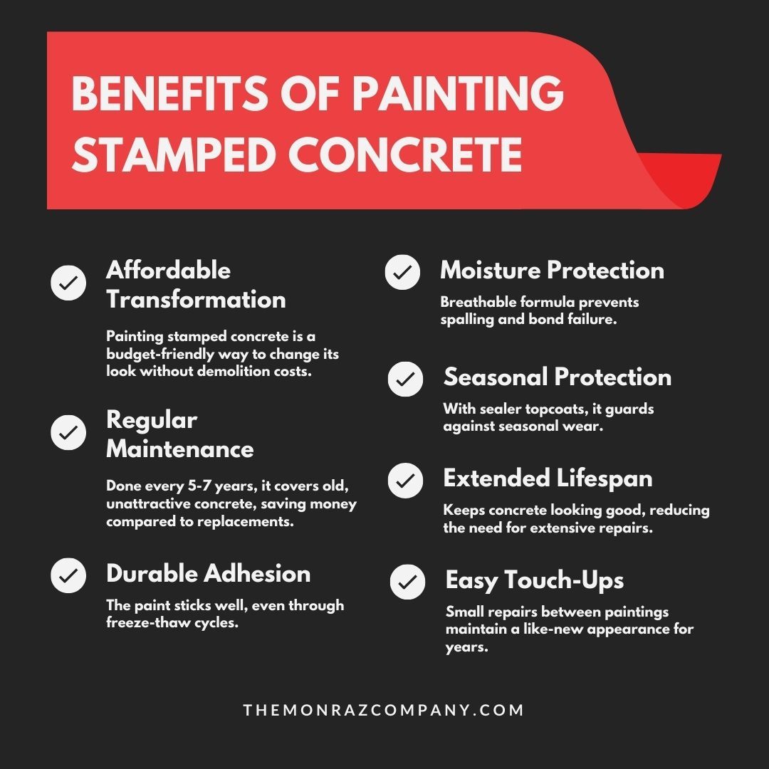 A poster showing the benefits of painting stamped concrete