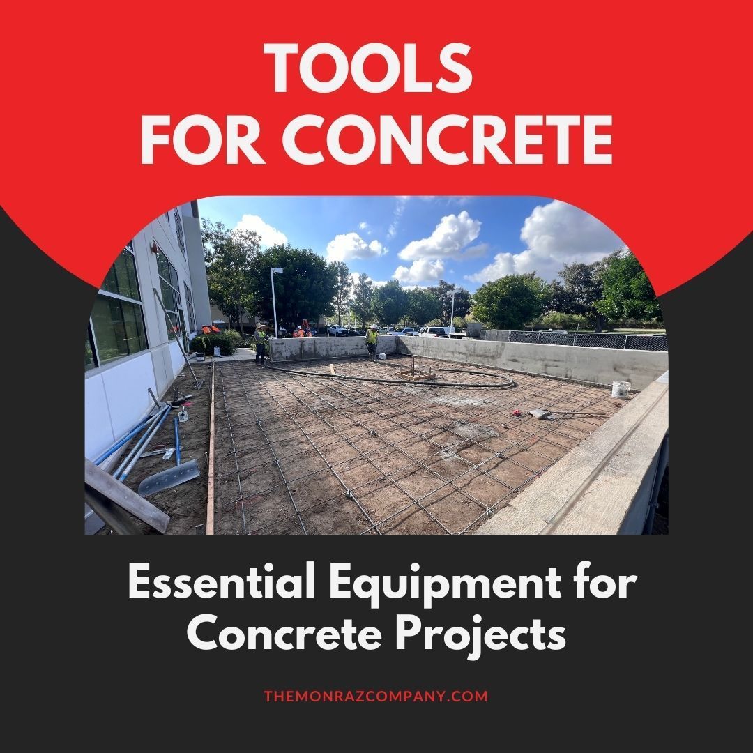 A poster that says tools for concrete essential equipment for concrete projects