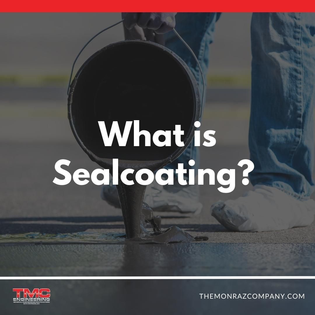 A person standing next to a bucket that says what is sealcoating