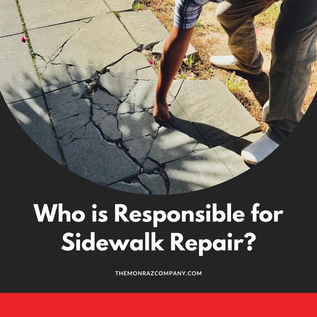 A person is fixing a cracked sidewalk with the caption who is responsible for sidewalk repair