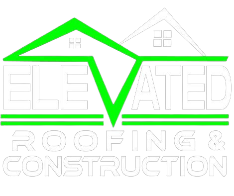 the logo for elevated roofing and construction shows a house with a green roof .