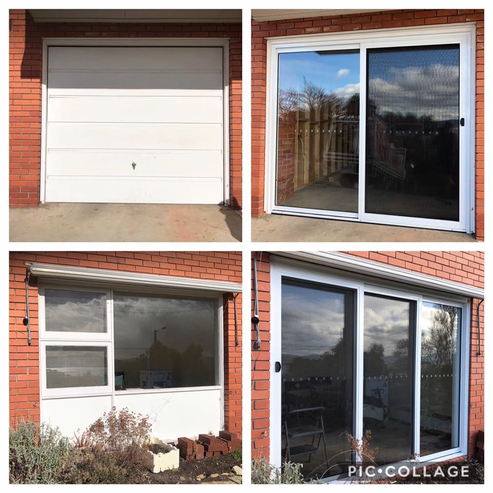 A collage of four pictures of a garage door and sliding glass door.
