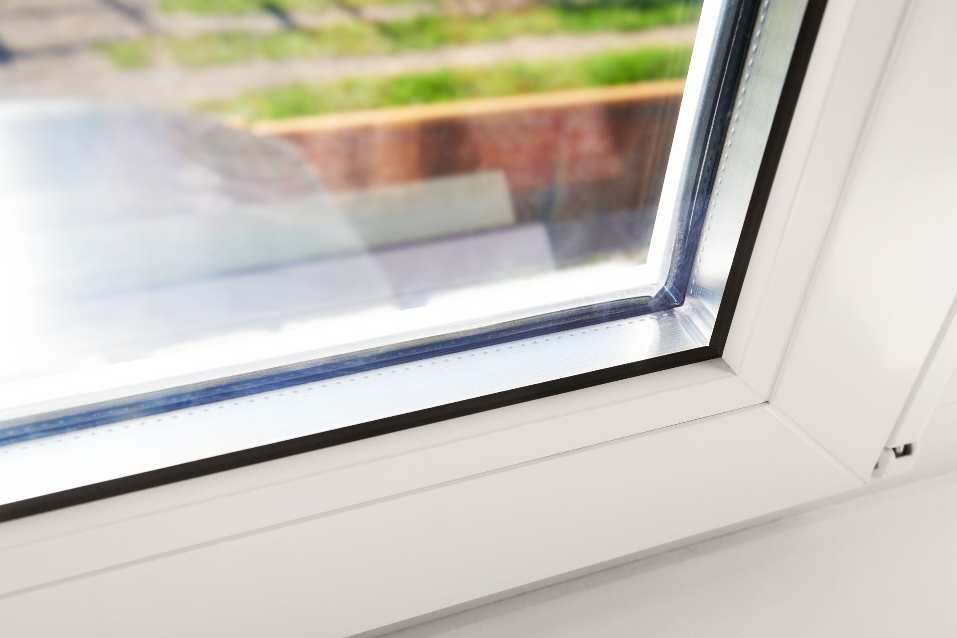 Bottom detail of energy-efficient, safe, glazed window frame.