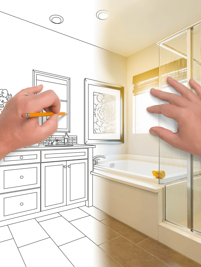 A person is drawing a bathroom with a pencil.