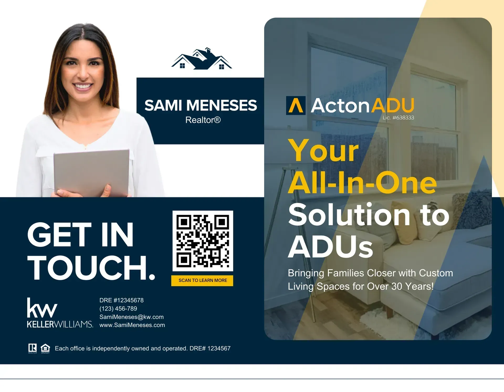 A woman is holding a tablet and smiling while standing next to a sign that says `` get in touch . ''