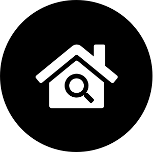 A house with a magnifying glass inside of it in a black circle.