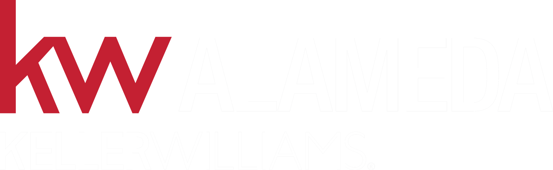 A red and white logo for a real estate company on a white background.