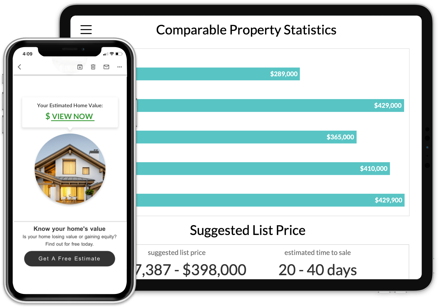 A cell phone and a tablet displaying comparable property statistics.