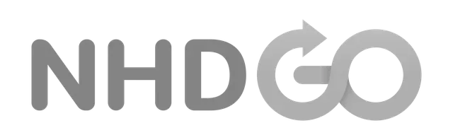 A black and white logo for nhdgo on a white background.