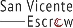 The logo for san vicente escrow is black and red.