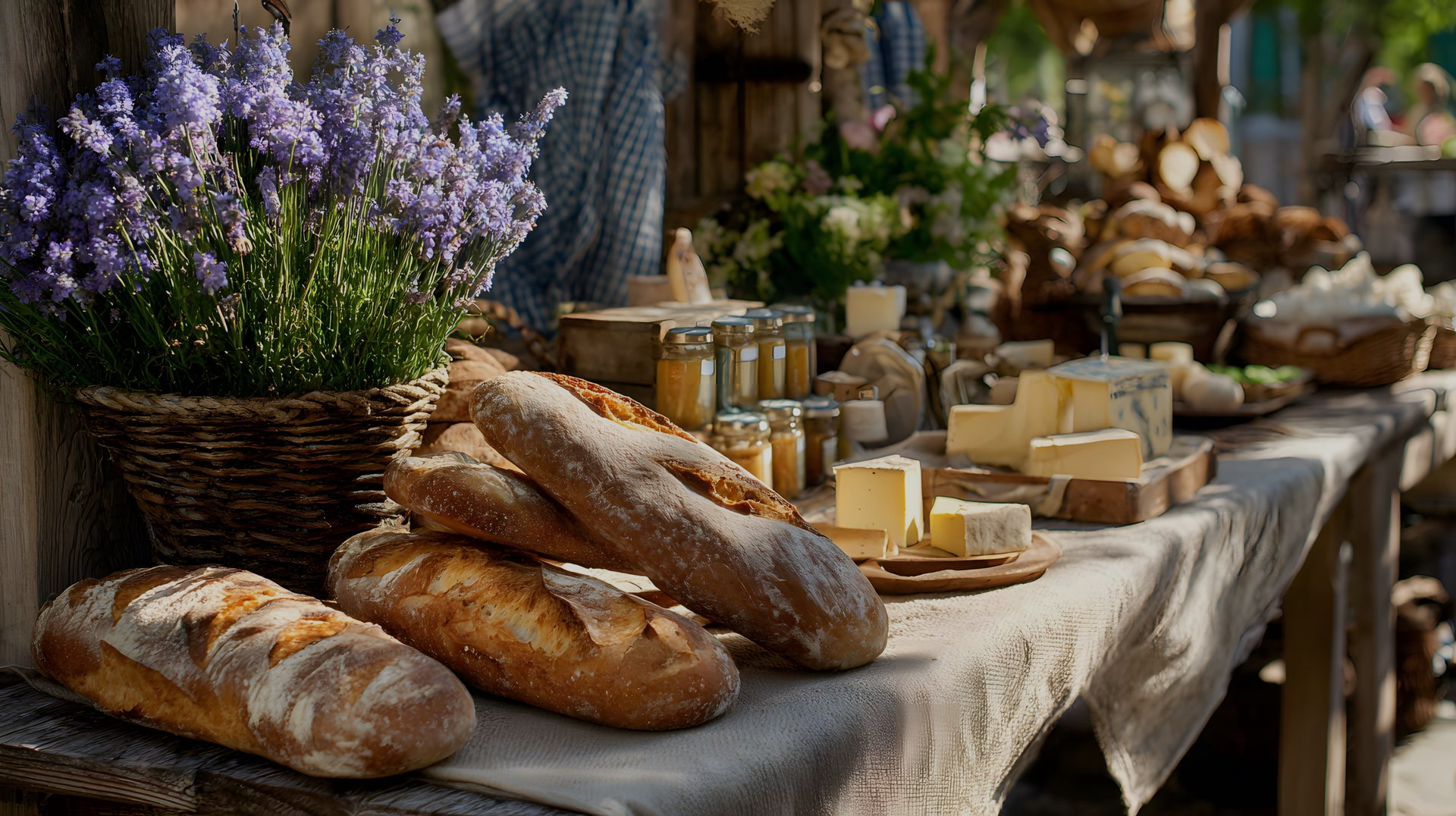 Dans un cadre ensoleillé, une table rustique en bois présente des miches de pain frais et des morceaux de fromage.
