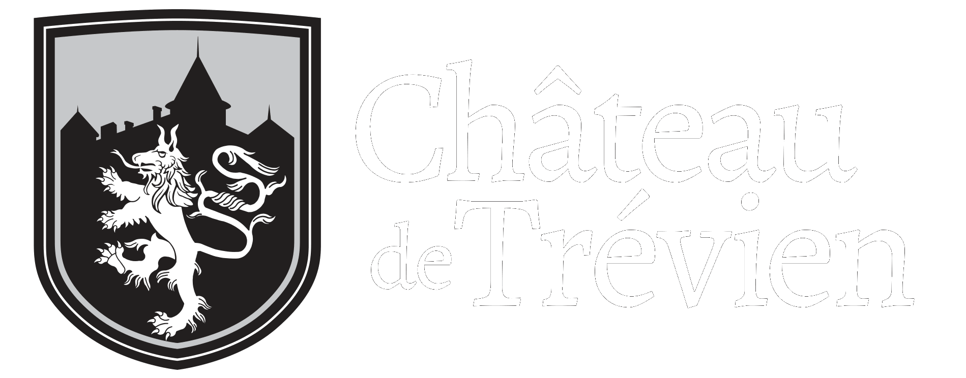 Logo du Château de Brévien représentant un écu héraldique avec la silhouette d'un château et un lion, avec du texte à droite.