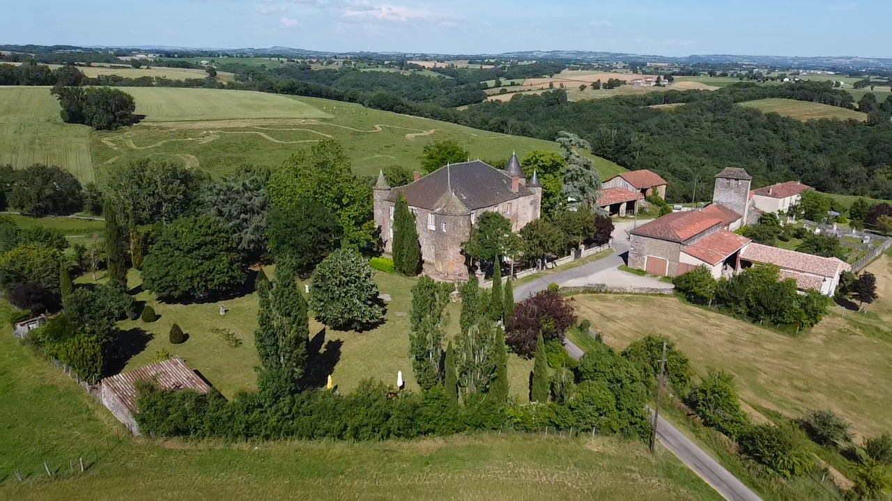 Un château de pierre avec deux tours à toits coniques, entouré d'arbres et d'une colonne de pierre sous un ciel nuageux.