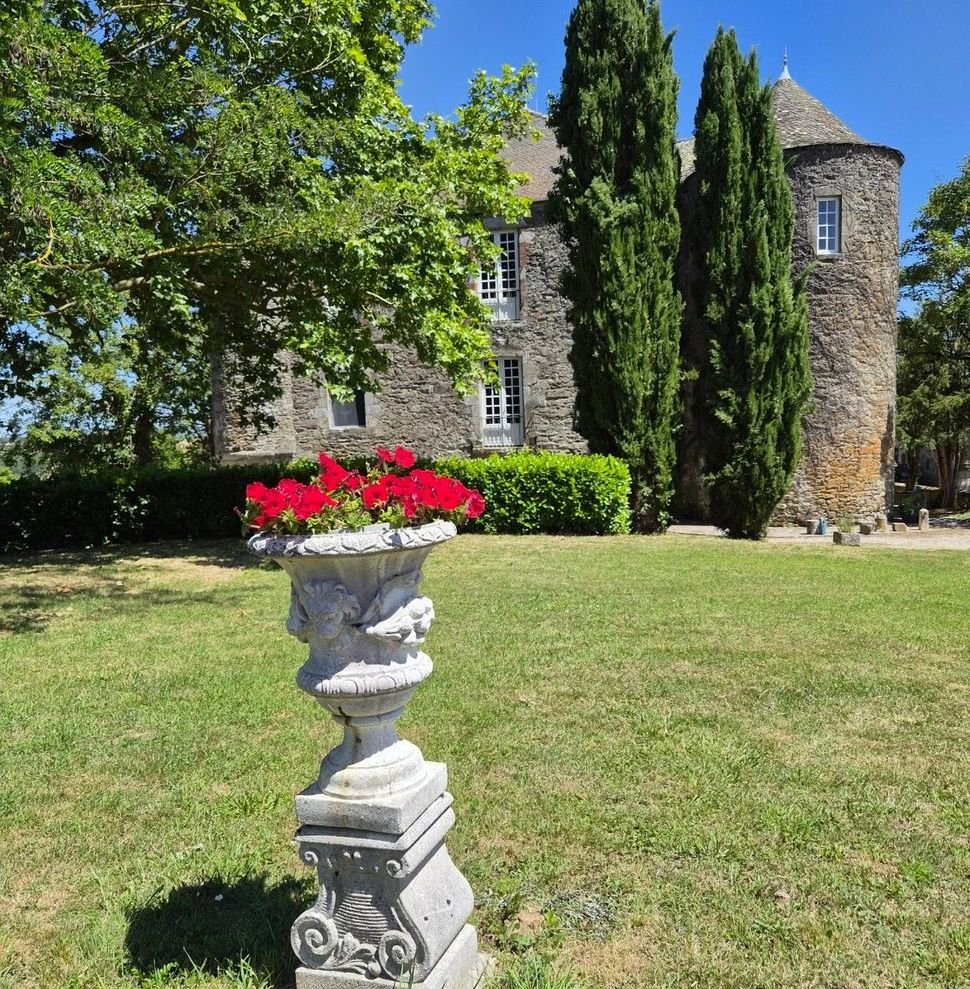 Un château de pierre avec deux tours rondes sous un ciel nuageux, partiellement masqué par deux grands et fins conifères.