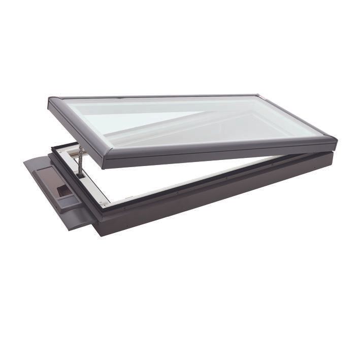 Open skylight with dark frame, partially raised, against a white background.