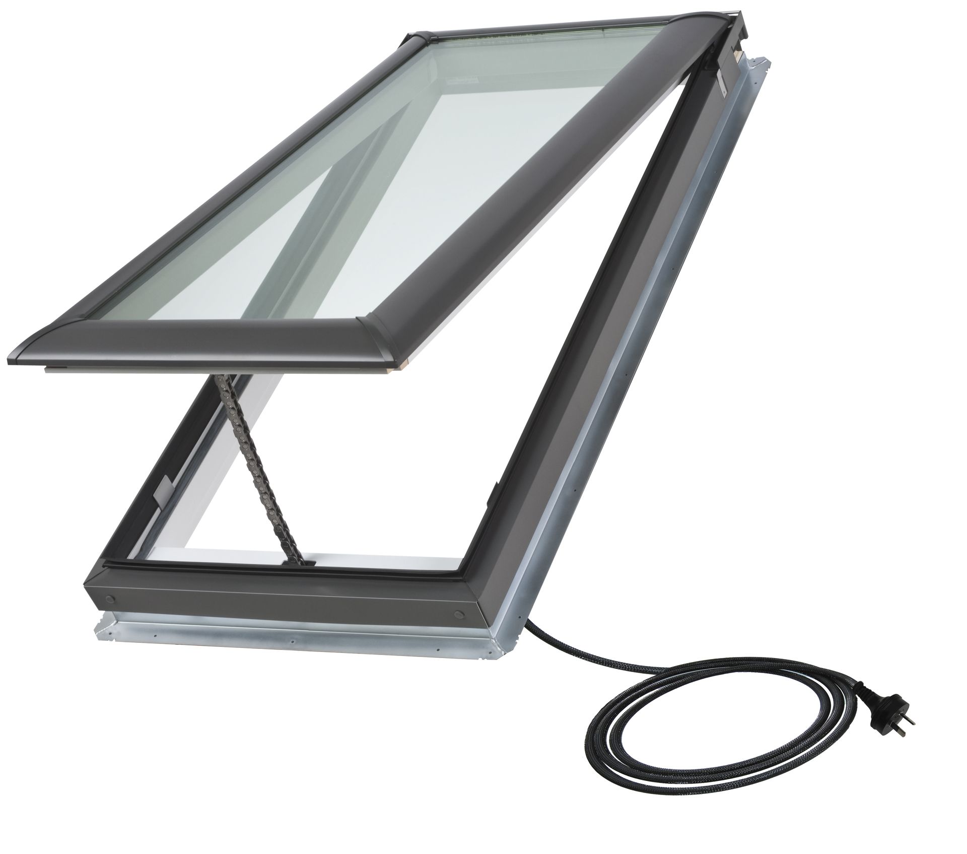 Opened electric skylight with black frame and cord.