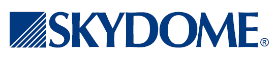 Logo for SkyDome, dark blue text with a dark blue square containing diagonal lines.