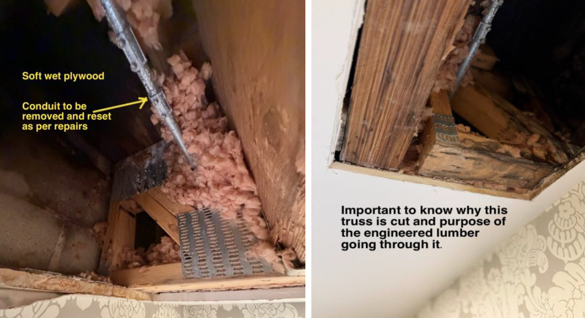 Roof cavity shows wet lumber and blown-in cellulose insulation