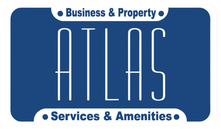 A blue business and property atlas logo on a white background