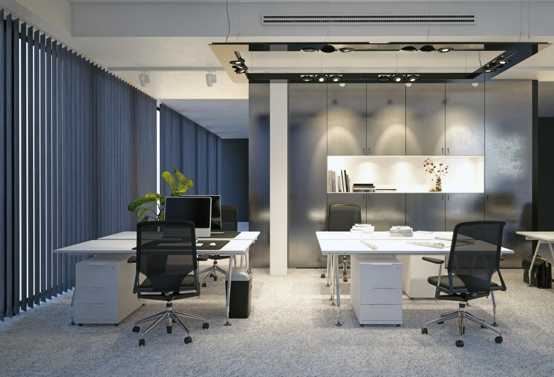 A modern office with a lot of windows and tables and chairs.