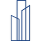 A line drawing of three tall buildings on a white background.