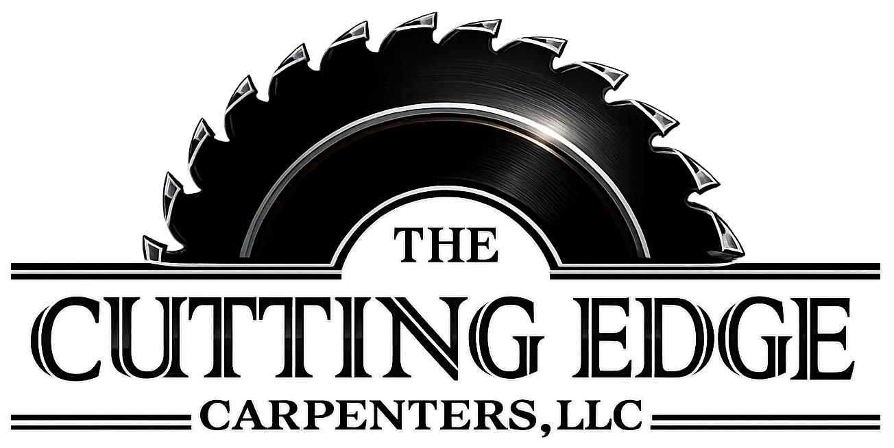 Logo for "The Cutting Edge Carpenters, LLC" featuring a saw blade above the text.
