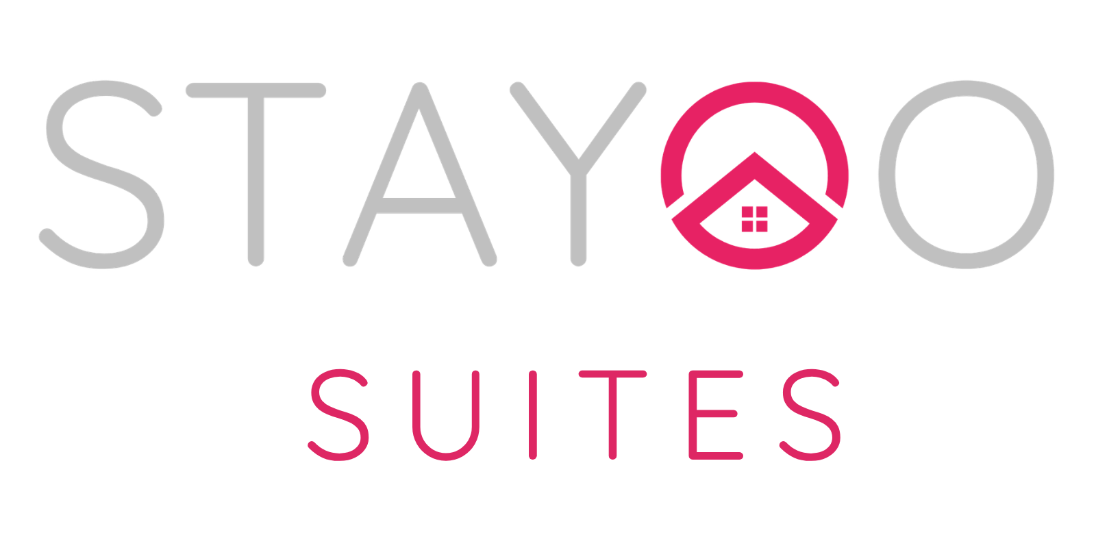 STAYOO Suites logo in gray and pink with a house icon inside the “O”