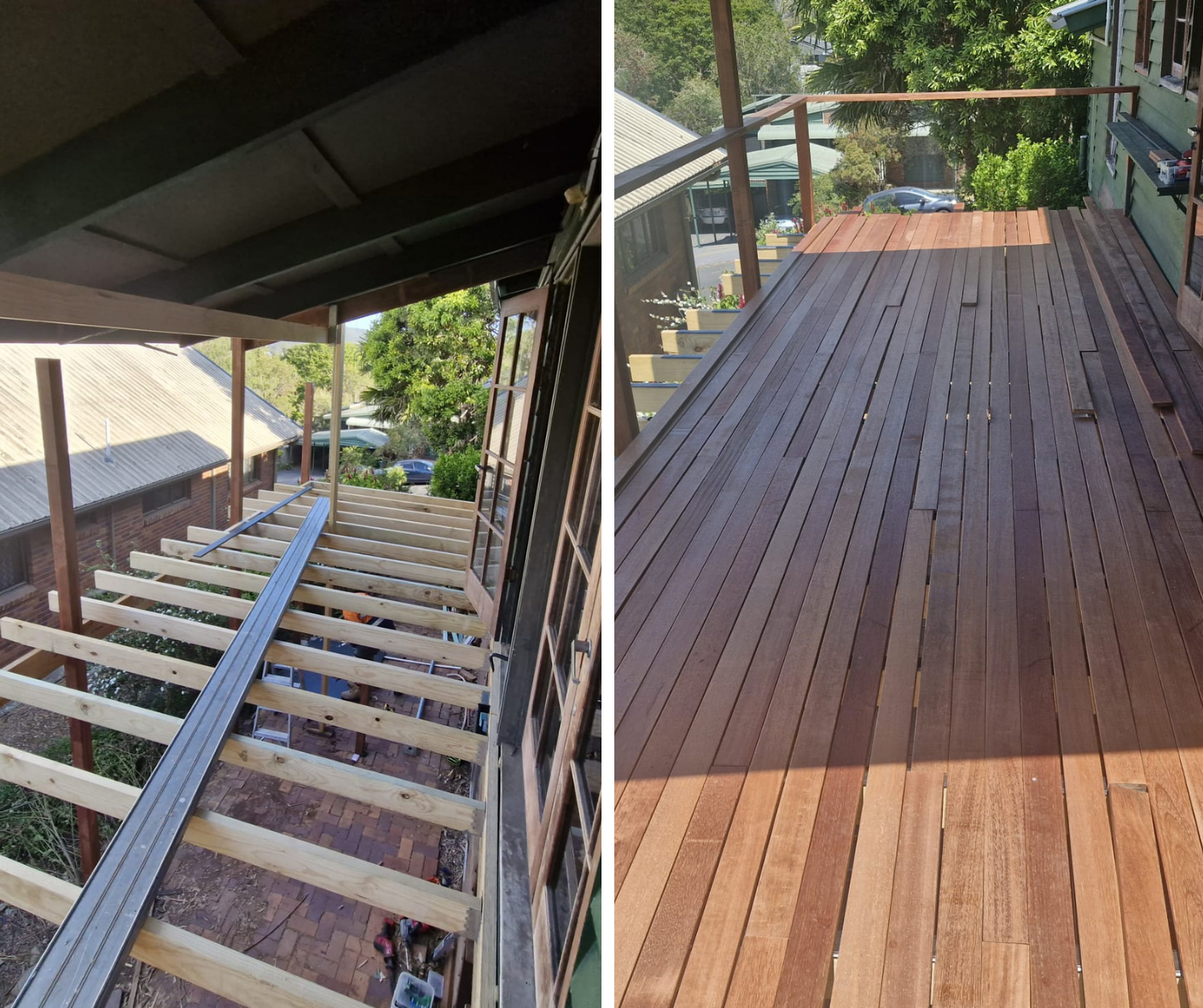 Split view of a wooden deck under construction and a finished wooden deck with railings and stairs Split view of a wooden deck under construction and a finished wooden deck with railings and stairs