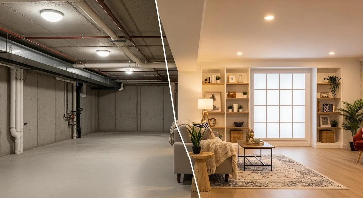 Basement before and after renovation. Left side shows unfinished space. Right side shows a living room with built-ins.
