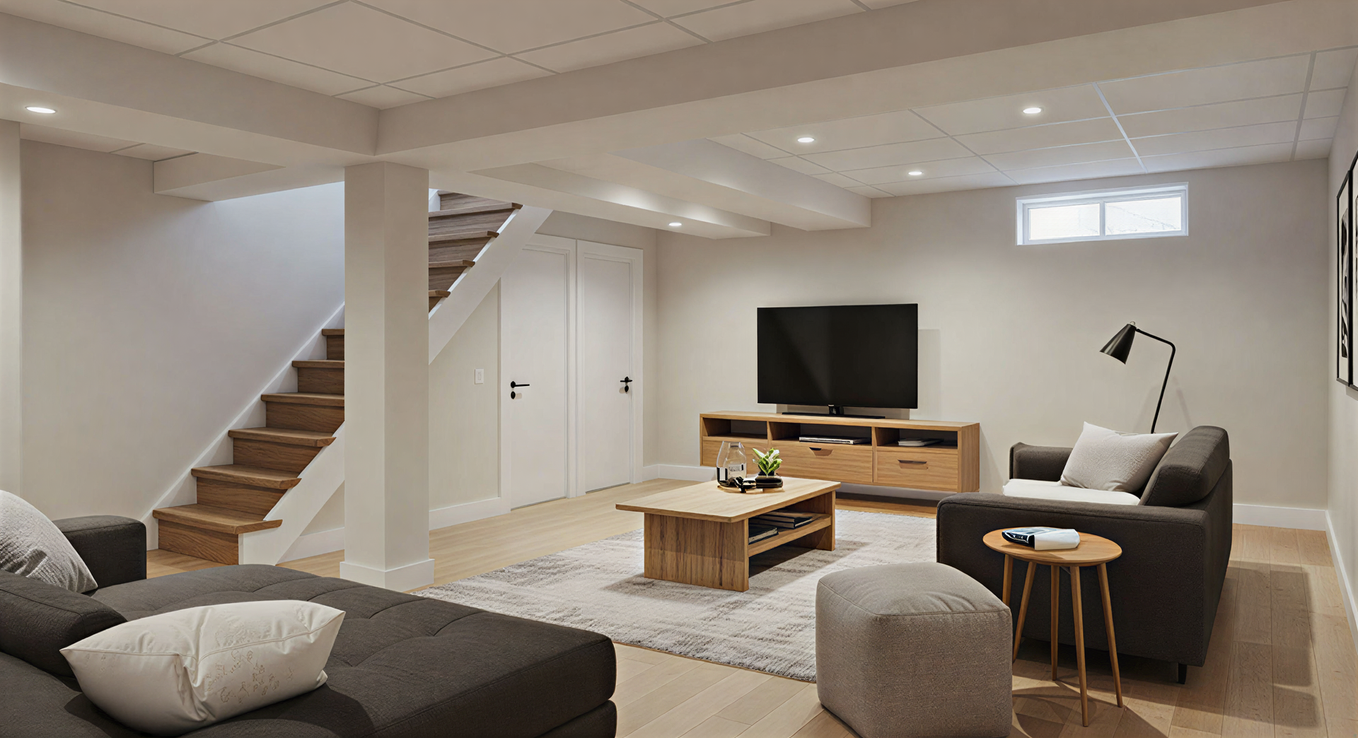 Finished basement living room with stairs, a TV, furniture, and a window.