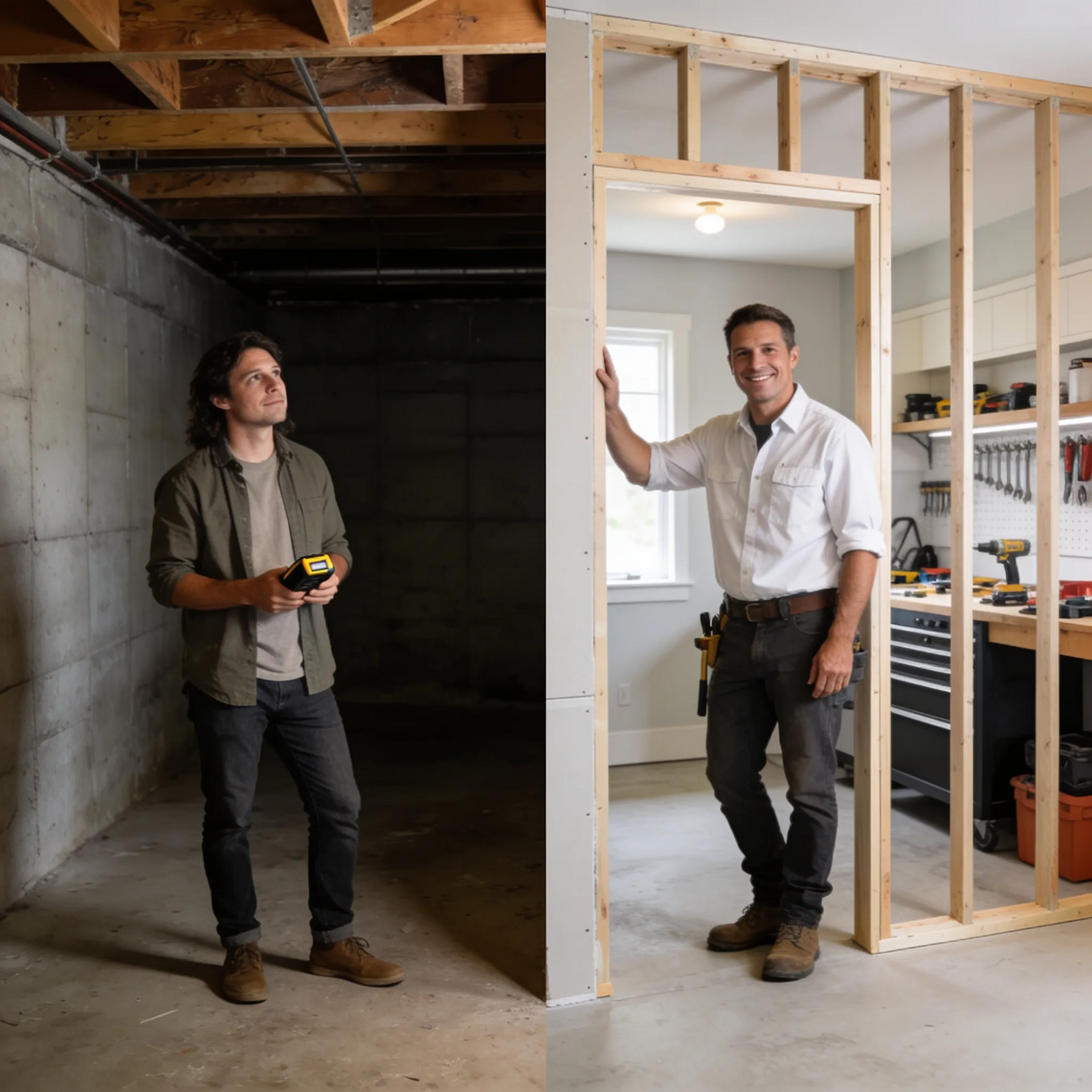 Two men in a partially framed room during home renovation, one holding a tape measure, one standing in a doorway.