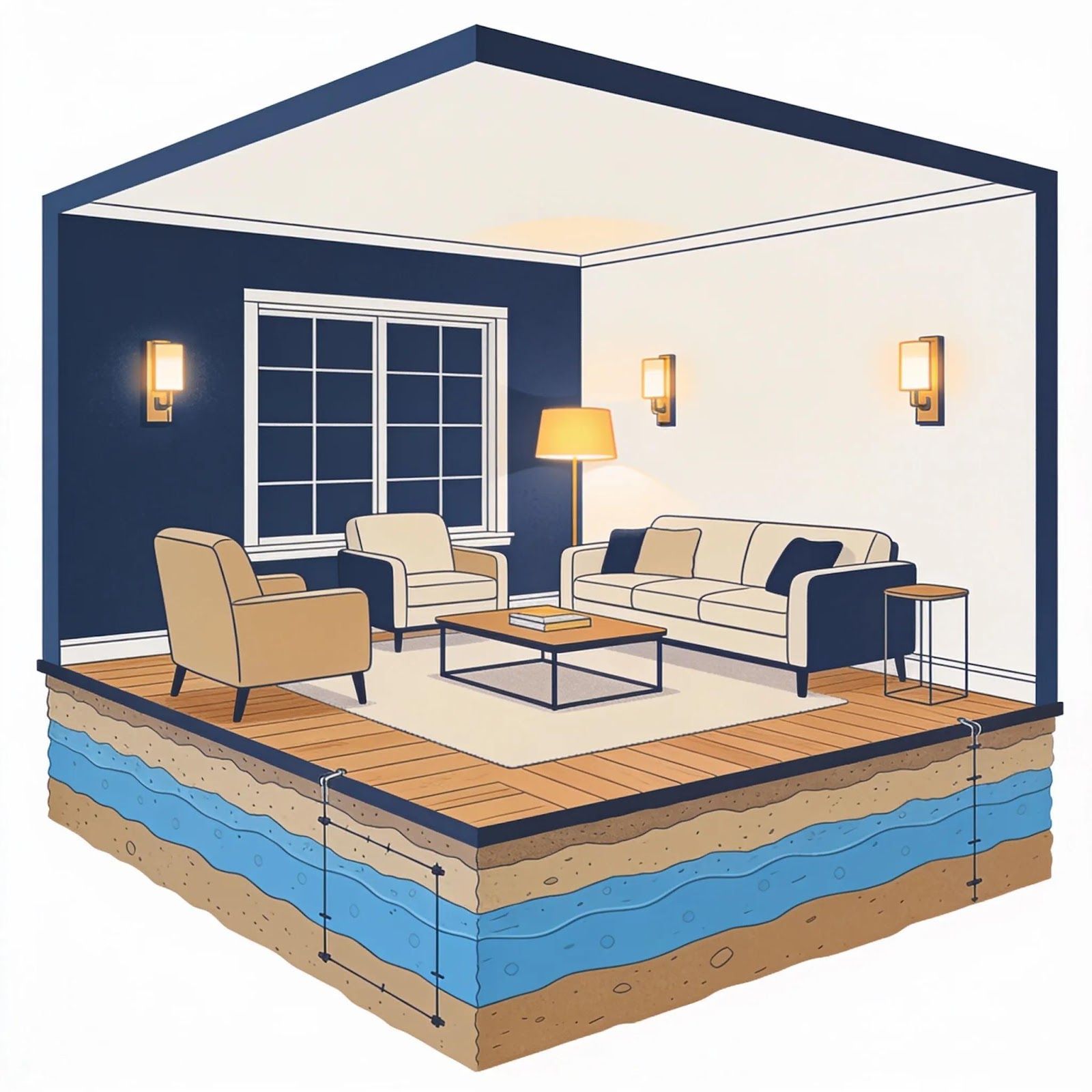 Cutaway living room with blue walls, beige furniture, and visible layered foundation beneath the floor