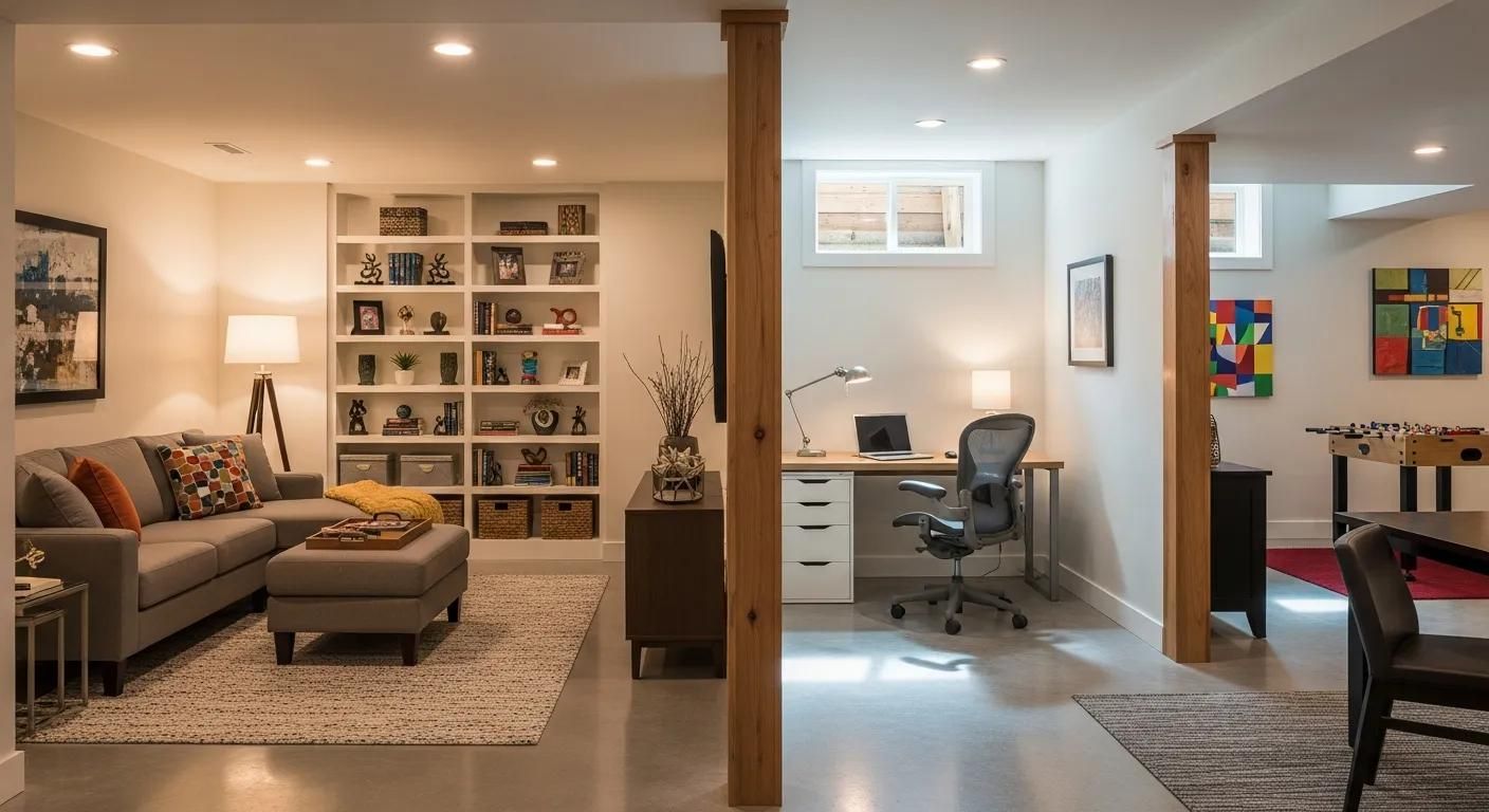 Modern basement with living room, home office, and dining area, divided by wooden posts