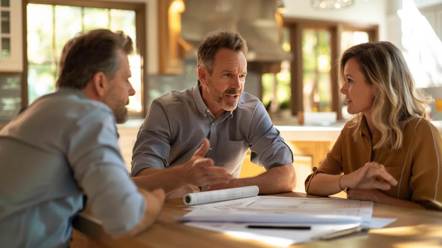 Three people talking at a table with papers in a bright office setting