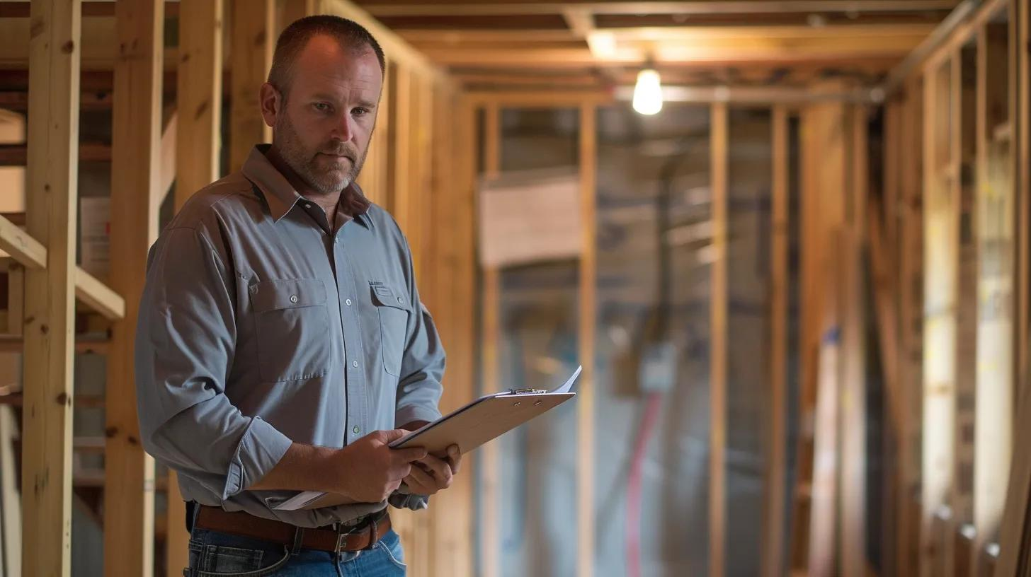Worker holding a clipboard in an unfinished wooden construction site interior