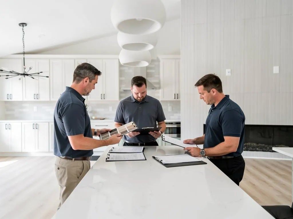 Three people reviewing documents around a kitchen island in a bright modern home
