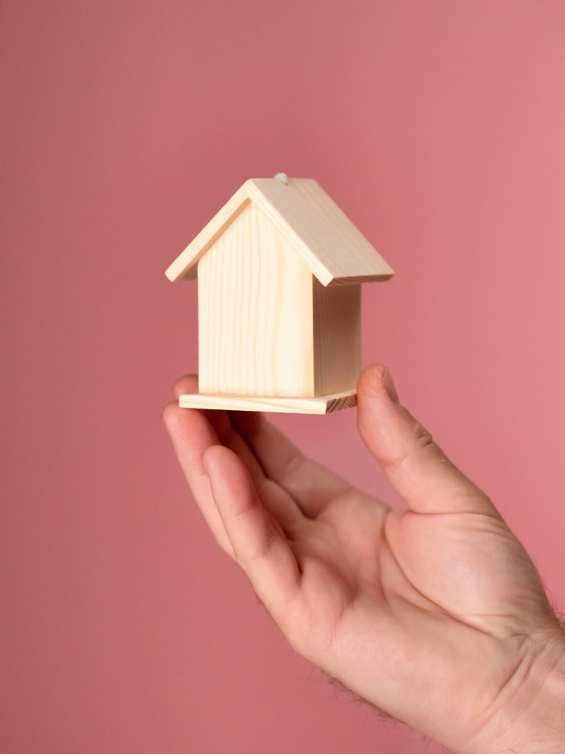 Hand holding a small wooden house model against a pink background