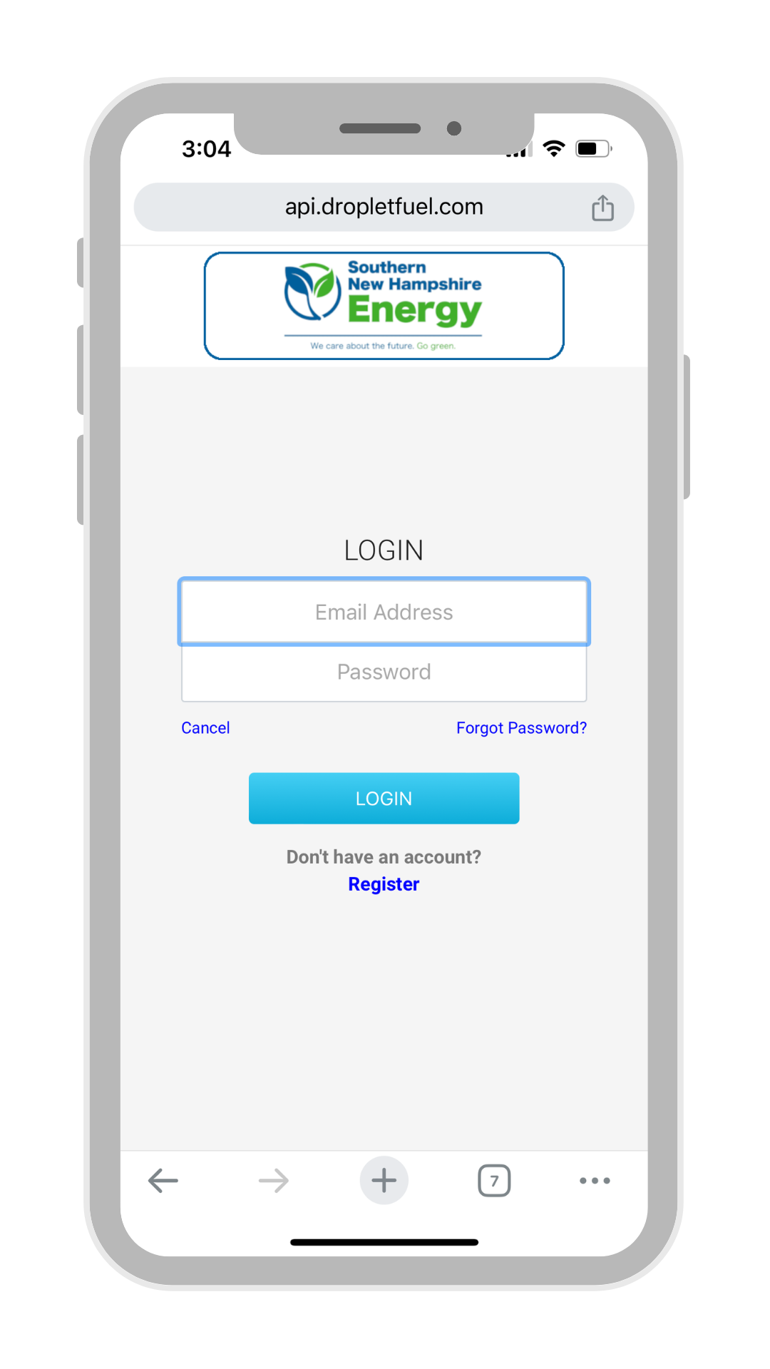 Mobile browser showing an Energy login page with username, password, and blue Login button.