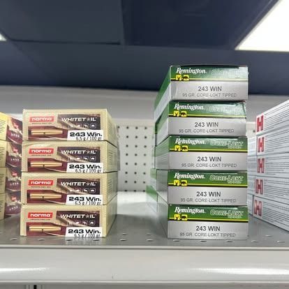 Boxes of ammunition, stacked on a shelf. Brands include Norma and Remington, with caliber info 243 WIN.